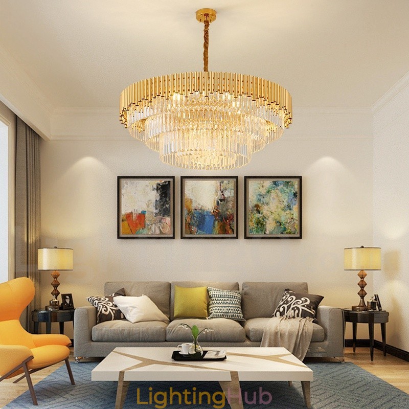 Postmodern Gold Luxury Round K9 Crystal Pendant Chandelier Lights Exhibition Hall