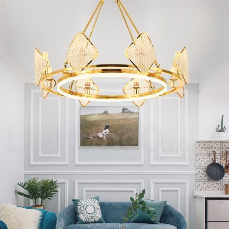 Gold Postmodern Luxury Round K9 Crystal Pendant Chandelier Light with Acrylic Shade Exhibition Hall Gold Postmodern Luxury Round K9 Crystal Pendant Chandelier Light with Acrylic Shade Exhibition Hall