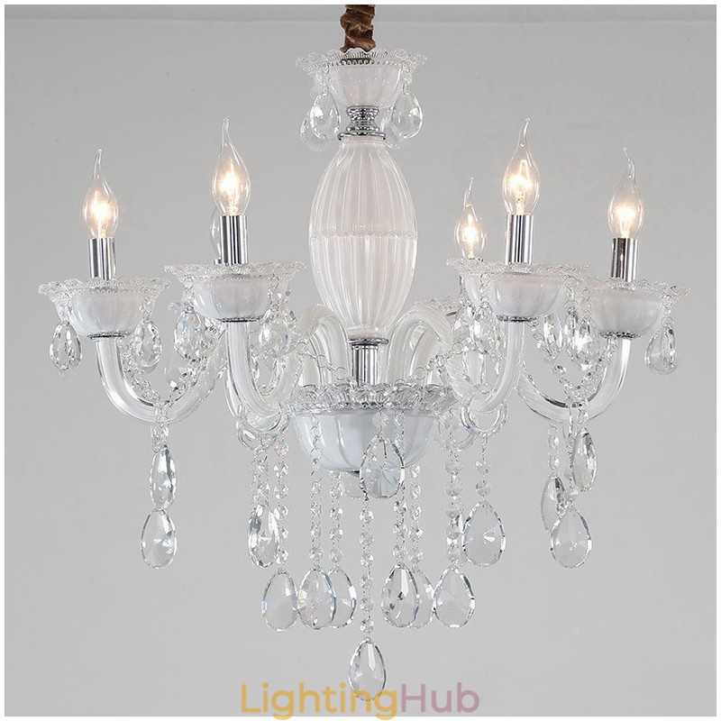 6 Light White Candle Chandelier with Crystal