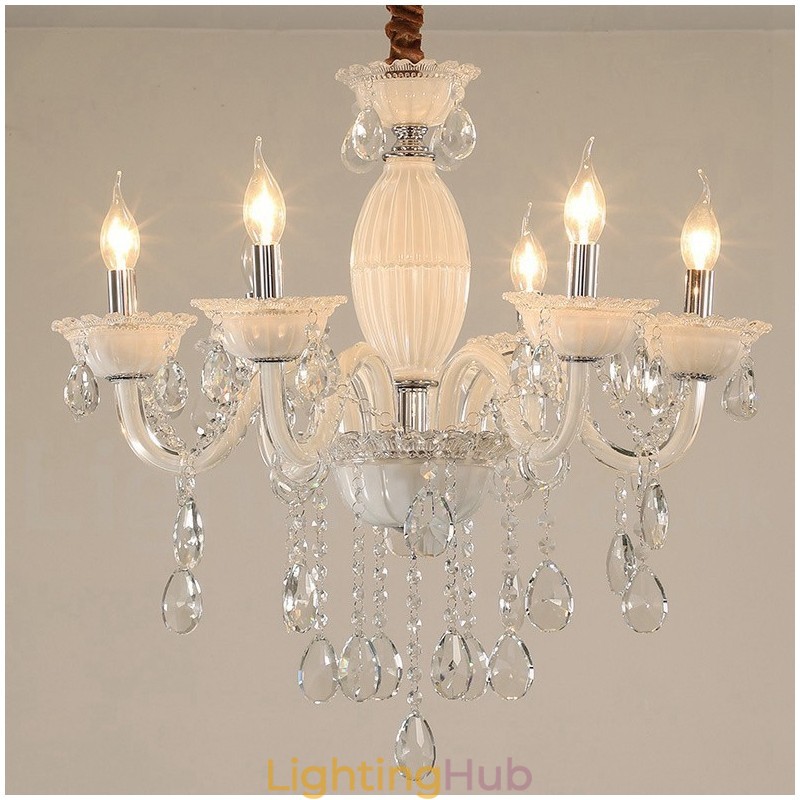 6 Light White Candle Chandelier with Crystal