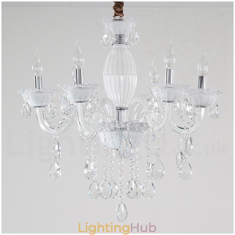 6 Light White Candle Chandelier with Crystal
