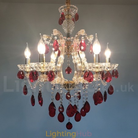6 Light Gold Candle Chandelier with Red Crystal 6 Light Gold Candle Chandelier with Red Crystal