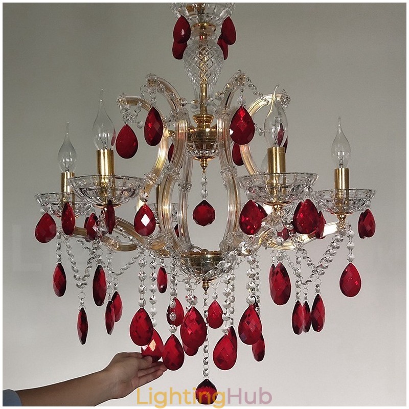 6 Light Gold Candle Chandelier with Red Crystal