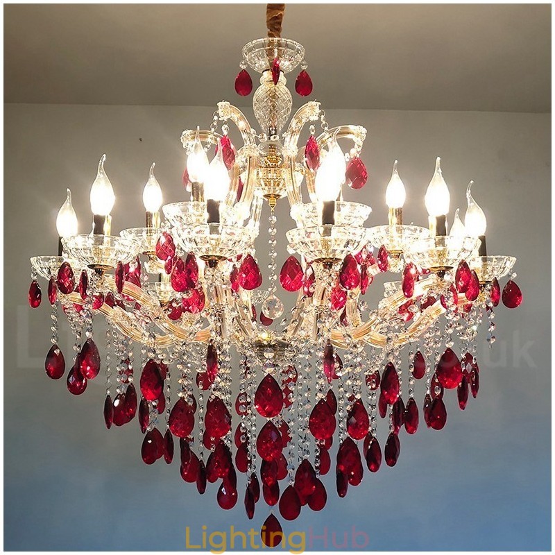 18 (12+6) Light Luxurious Red Crystal Candle Gold Chandelier
