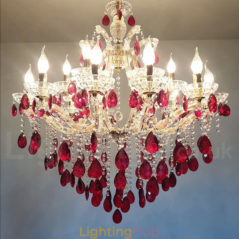 18 (12+6) Light Luxurious Red Crystal Candle Gold Chandelier