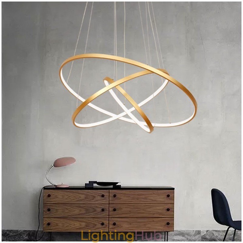 Dimmable Pendant Light with Remote Control Gold Modern Design Three Rings