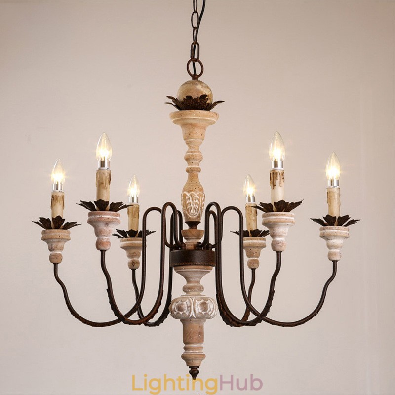 Country Vintage Wooden 6 Light Chandelier Light