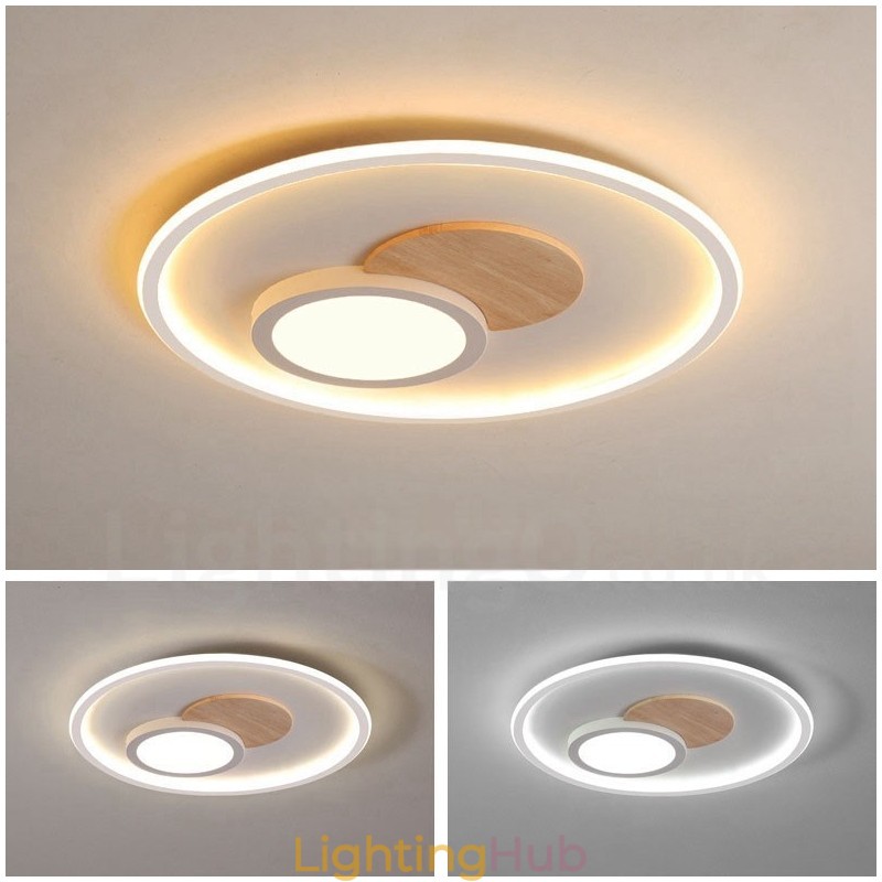 Wood Dimmable Modern Contemporary Nordic Style Flush Mount Round Ceiling Lights with Remote Control Also Can Be Used As Wall Light