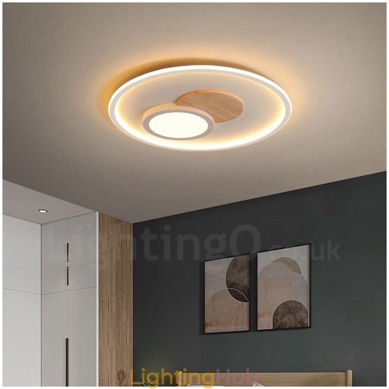 Wood Dimmable Modern Contemporary Nordic Style Flush Mount Round Ceiling Lights with Remote Control Also Can Be Used As Wall Light