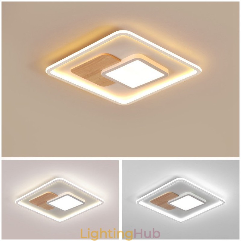 Wood Dimmable Modern Contemporary Nordic Style Square Flush Mount Ceiling Lights with Remote Control Also Can Be Used As Wall Light