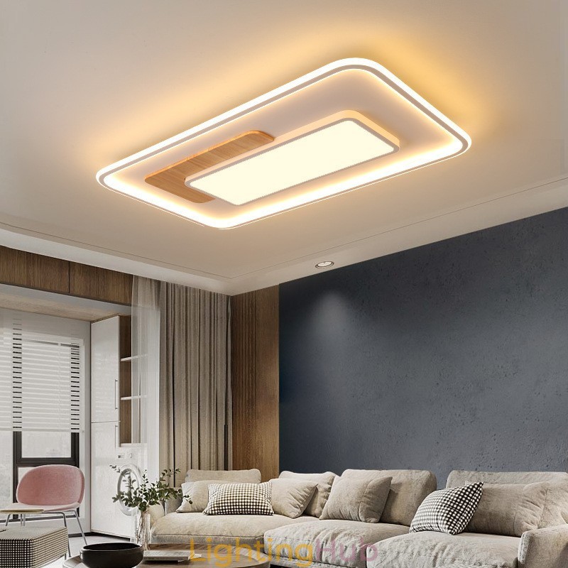 Wood Dimmable Modern Contemporary Nordic Style Rectangle Flush Mount Ceiling Lights with Remote Control Also Can Be Used As Wall Light