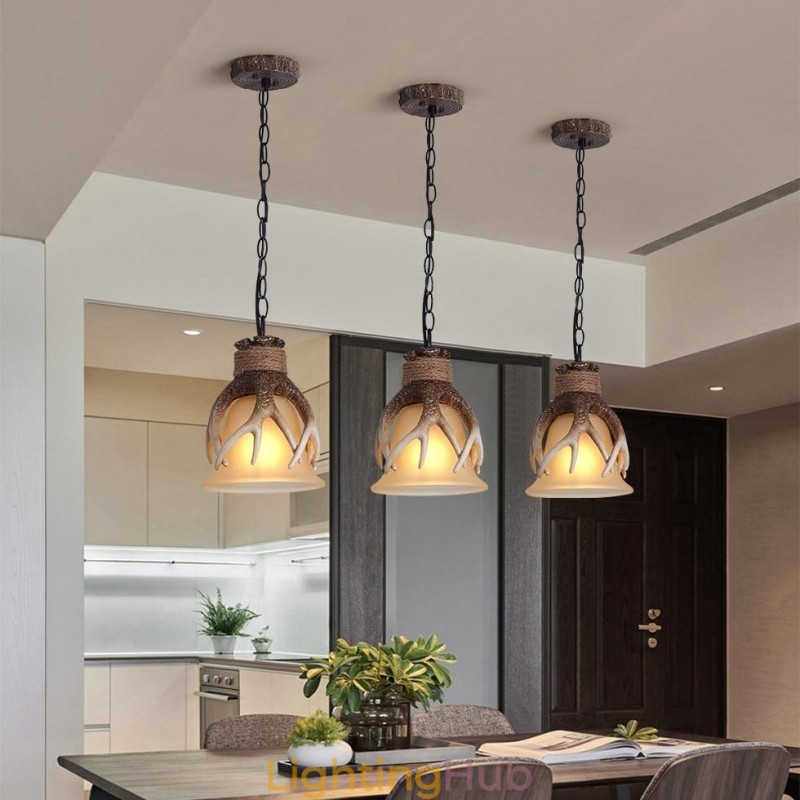 One Light Rustic Artistic Retro Antler Antique Pendant Light with Glass Shade