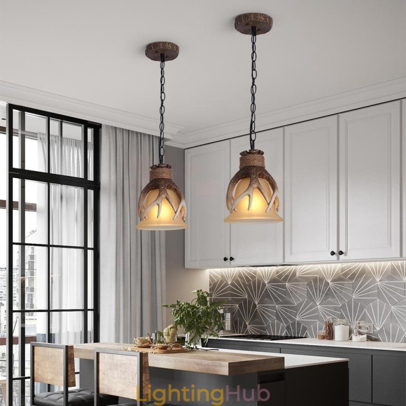 One Light Rustic Artistic Retro Antler Antique Pendant Light with Glass Shade