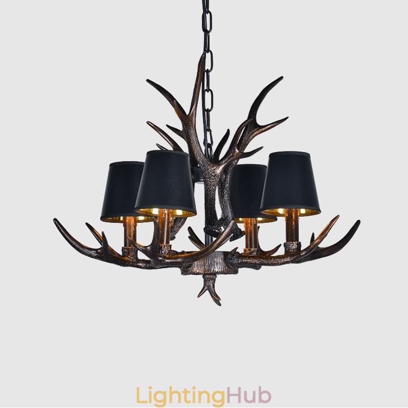 4 Light Black Rustic Artistic Retro Antler Antique Chandelier with Shades
