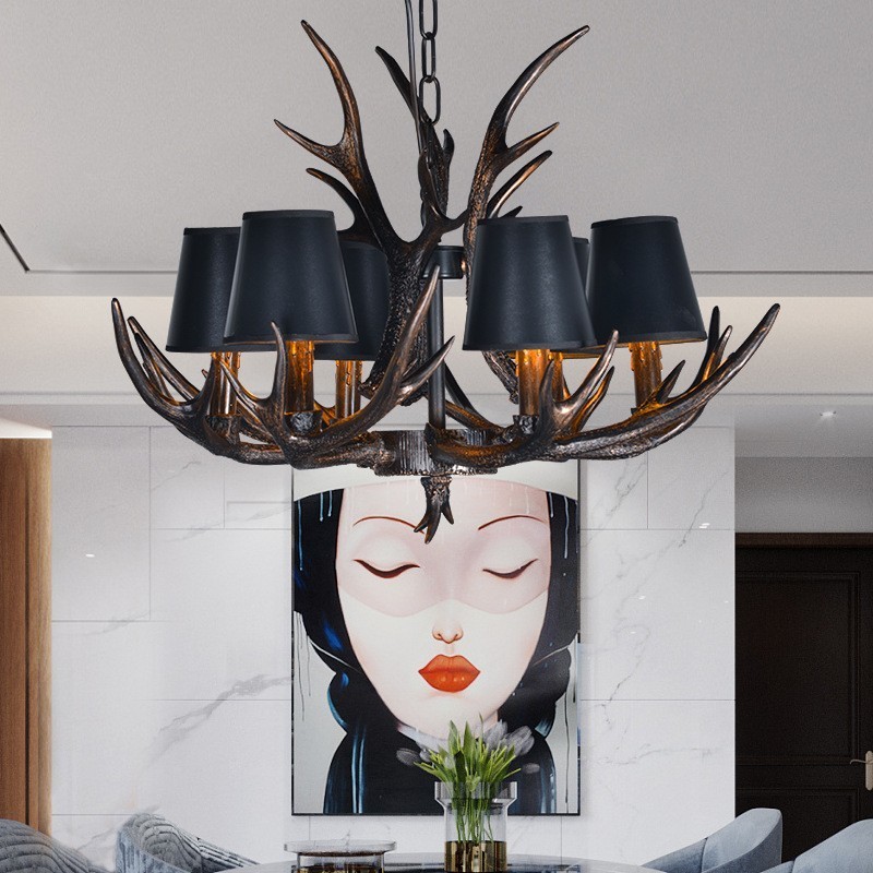 6 Light Black Rustic Artistic Retro Antler Antique Chandelier with Shades