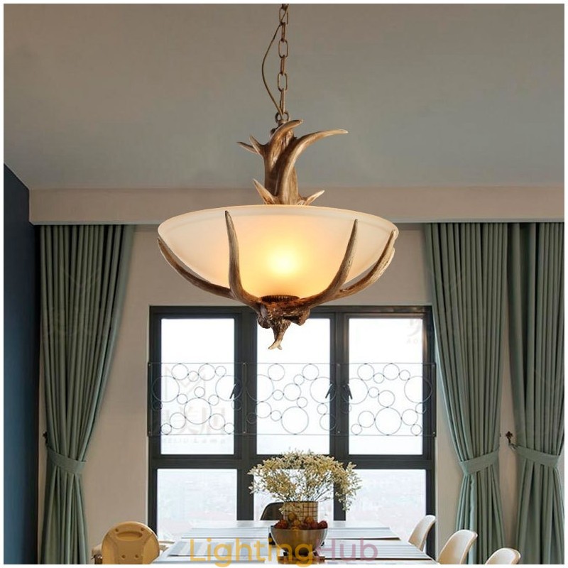 One Light Rustic Artistic Retro Antler Antique Pendant Light with Glass Shade