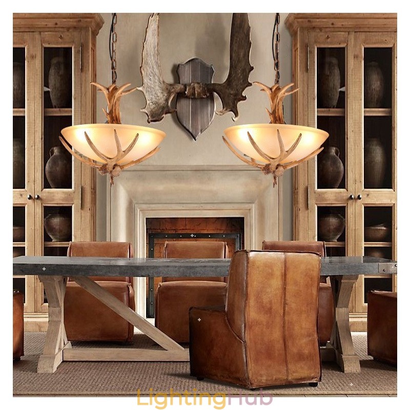 One Light Rustic Artistic Retro Antler Antique Pendant Light with Glass Shade