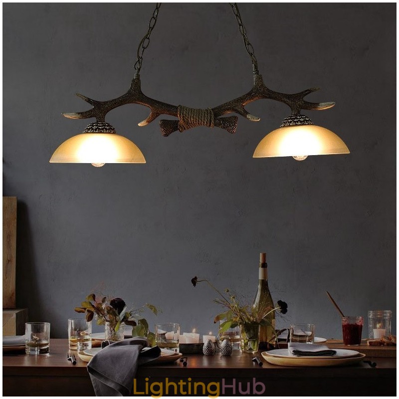 2 Light Black Rustic Artistic Retro Antler Antique Pendant Light with Glass Shade