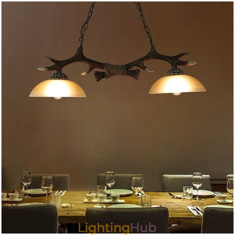 2 Light Black Rustic Artistic Retro Antler Antique Pendant Light with Glass Shade