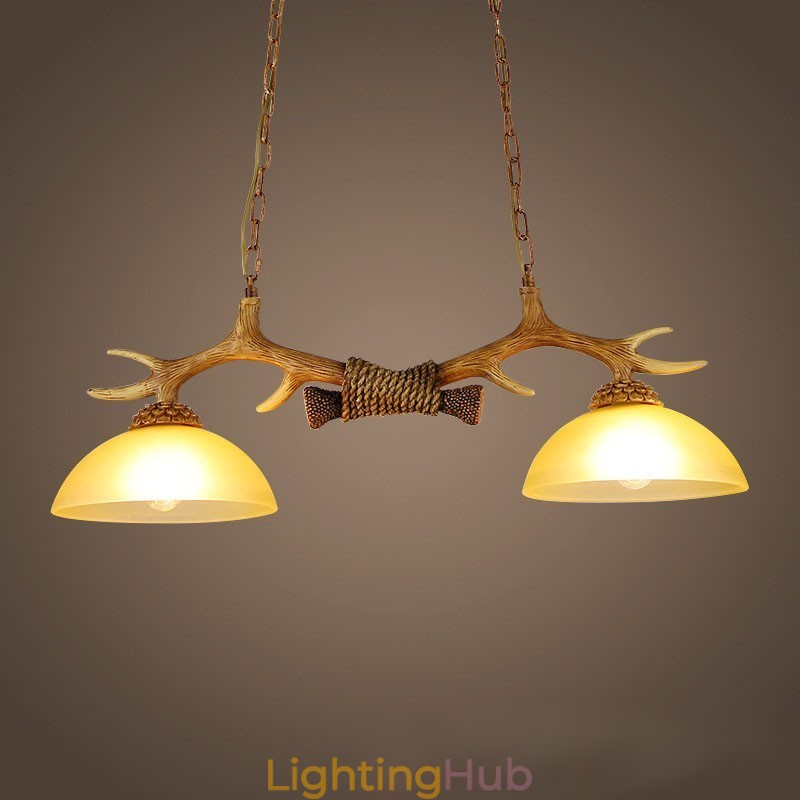 2 Light Brown Rustic Artistic Retro Antler Antique Pendant Light with Glass Shade