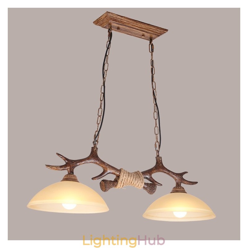 2 Light Brown Rustic Artistic Retro Antler Antique Pendant Light with Glass Shade