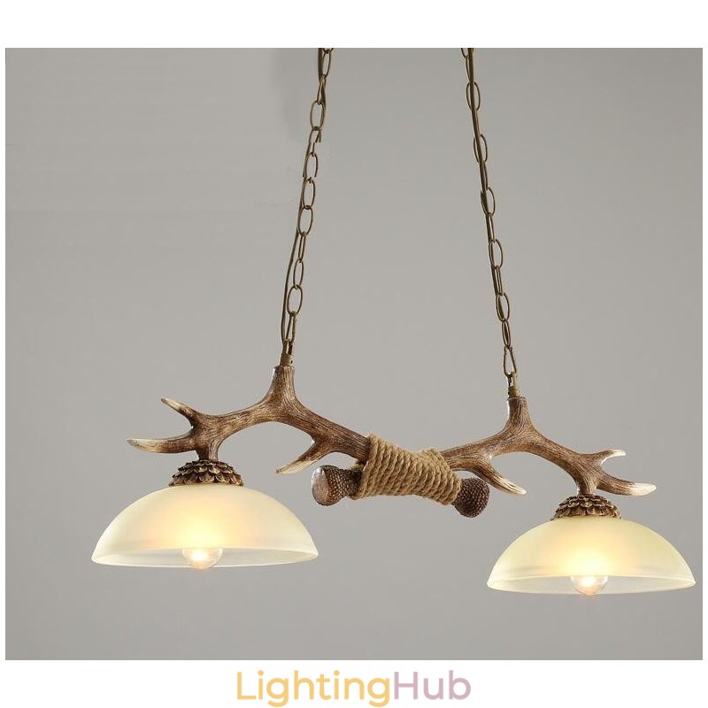 2 Light Brown Rustic Artistic Retro Antler Antique Pendant Light with Glass Shade
