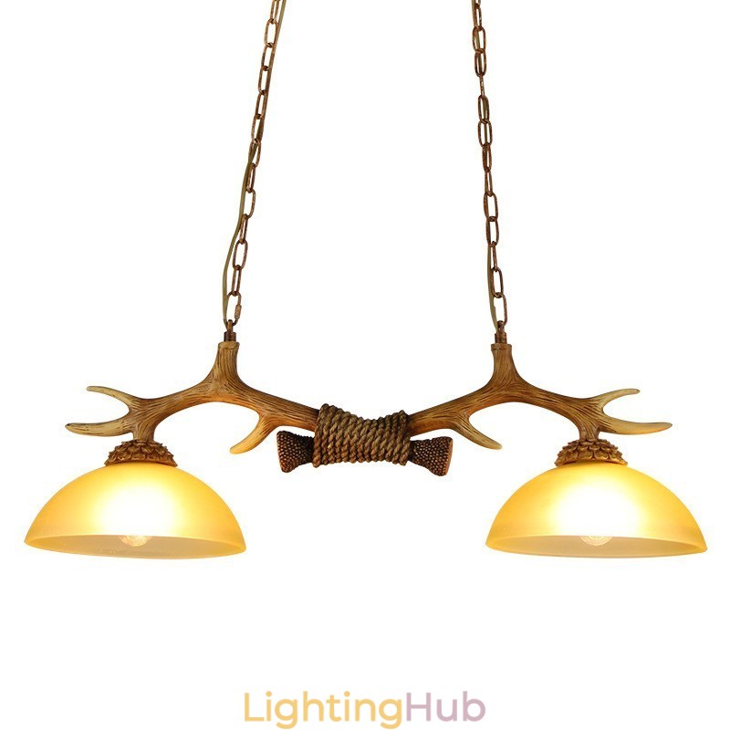 2 Light Brown Rustic Artistic Retro Antler Antique Pendant Light with Glass Shade