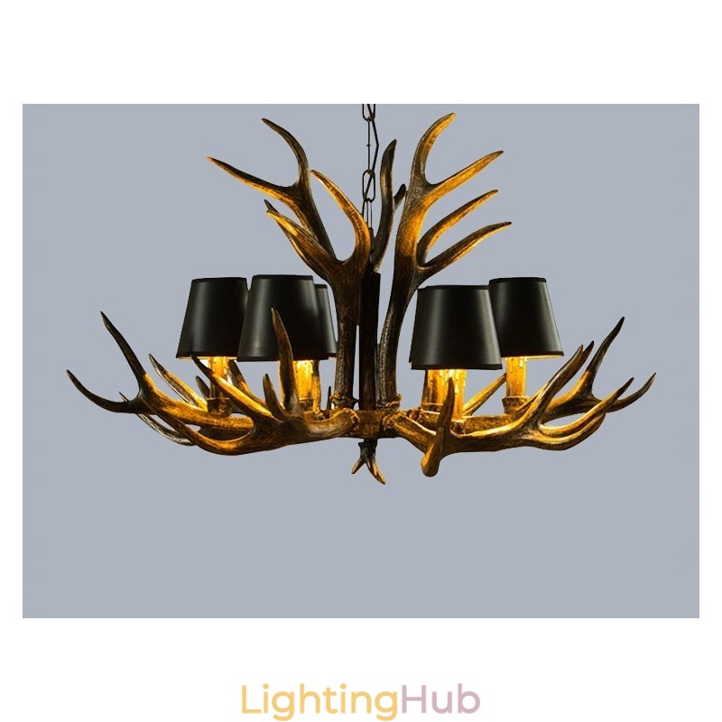 6 Light Black Rustic Artistic Retro Antler Antique Chandelier with Shades