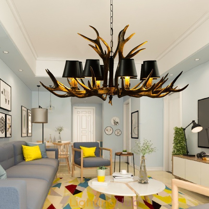 8 Light Black Rustic Artistic Retro Antler Antique Chandelier with Shades