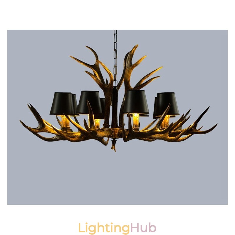 8 Light Black Rustic Artistic Retro Antler Antique Chandelier with Shades