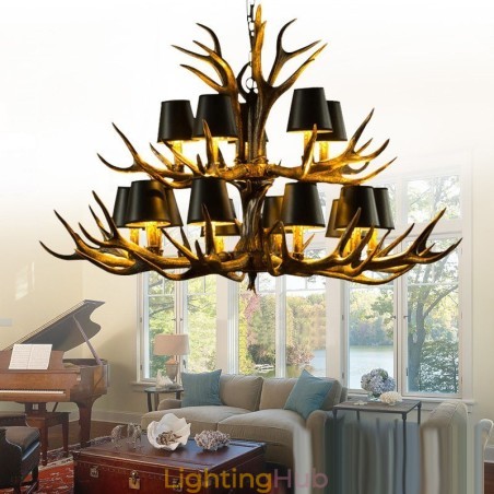 15 Light Black Rustic Artistic Retro Antler Antique Chandelier with Shades 15 Light Black Rustic Artistic Retro Antler Antique Chandelier with Shades