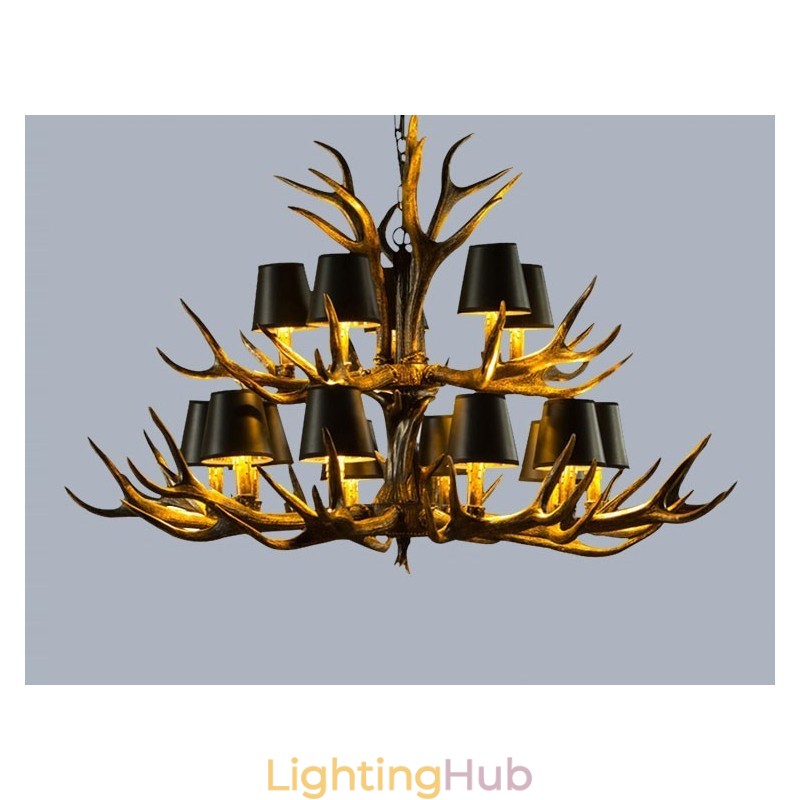 15 Light Black Rustic Artistic Retro Antler Antique Chandelier with Shades