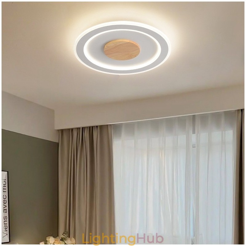 Round Wood Modern Flush Mount Ceiling Light Indoor Lighting Fixture