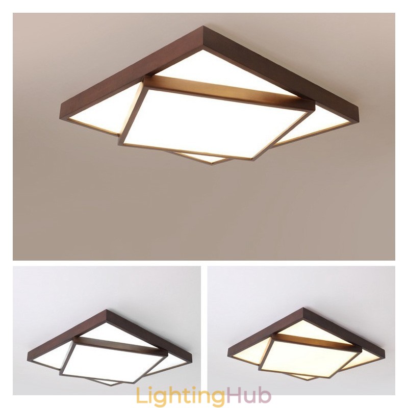 Two Tiers Square Black Walnut Wood Modern Contemporary Nordic Style Flush Mount Wood Ceiling Light Also Can Be Used As Wall Light
