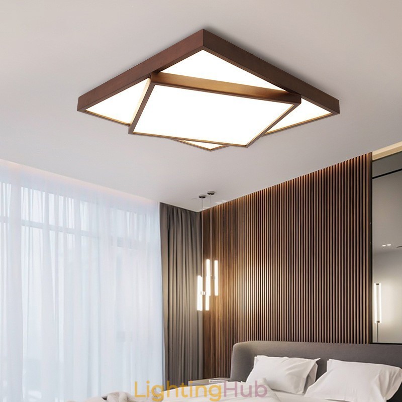 Two Tiers Square Black Walnut Wood Modern Contemporary Nordic Style Flush Mount Wood Ceiling Light Also Can Be Used As Wall Light