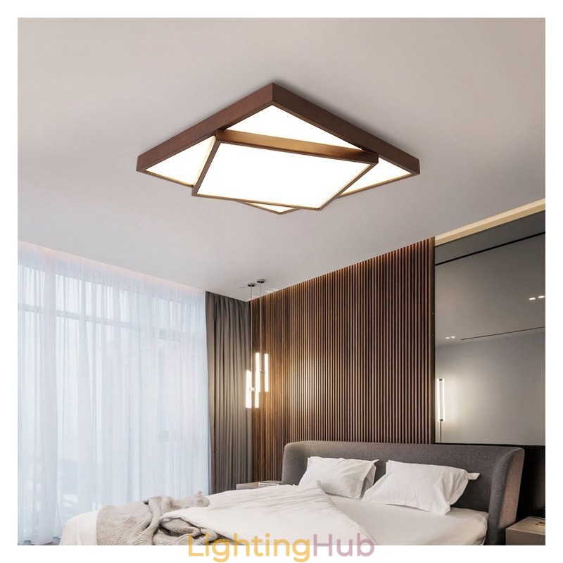 Two Tiers Square Black Walnut Wood Modern Contemporary Nordic Style Flush Mount Wood Ceiling Light Also Can Be Used As Wall Light