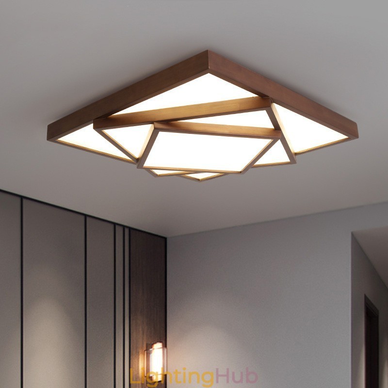 3 Tiers Square Black Walnut Wood Modern Contemporary Nordic Style Flush Mount Wood Ceiling Light Also Can Be Used As Wall Light