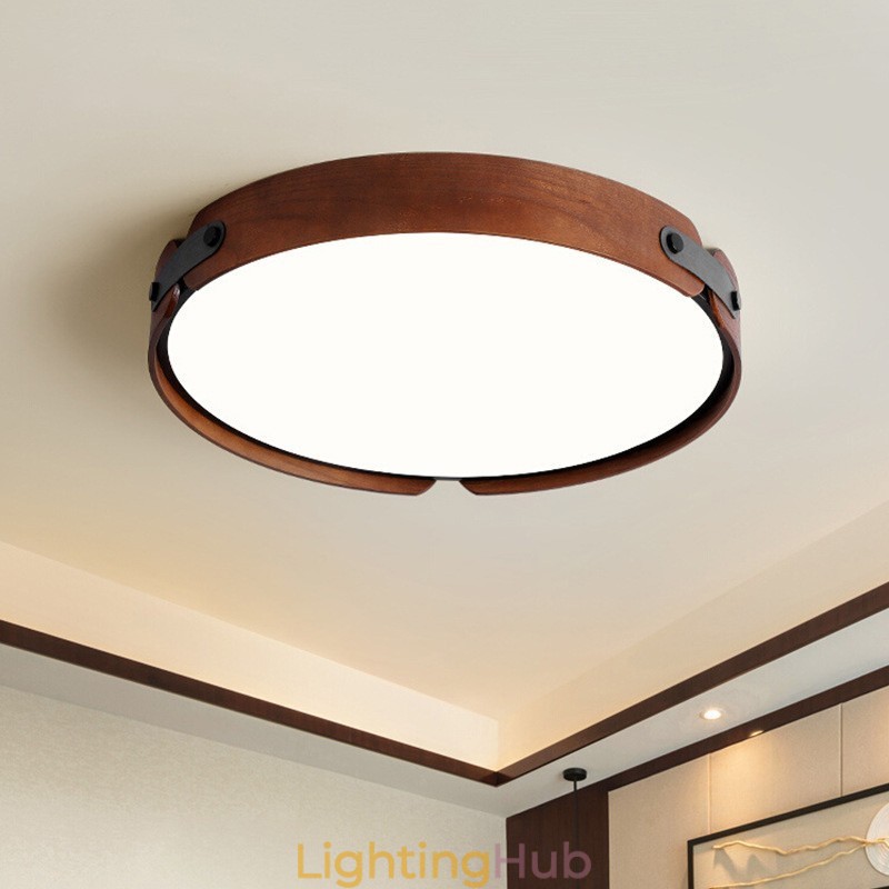 Nordic Round Simple Black Walnut Wood Flush Mounted Ceiling Light