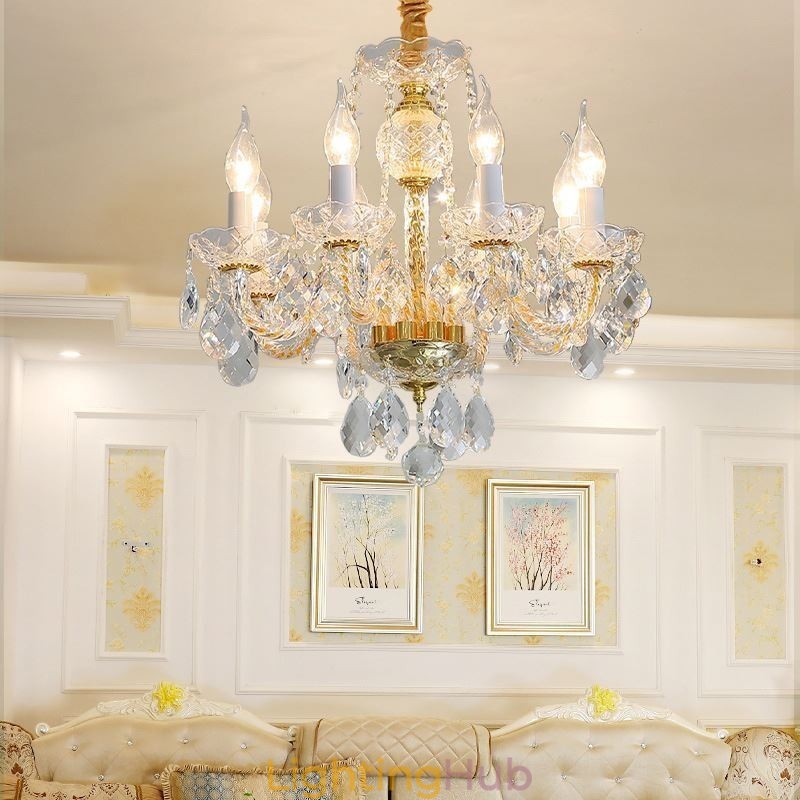 European Clear Crystal Chandelier Glass Lamp Body 8 Lights Gold Body Ceiling Lamp