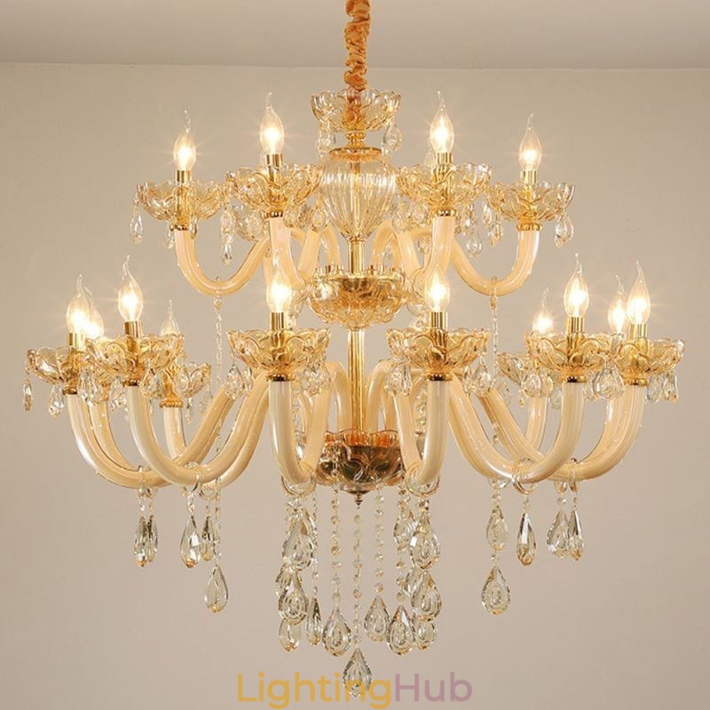 Elegant Crystal Chandelier European Cognac Color Ceiling Light Glass Body Double Layer 12+6 Lights