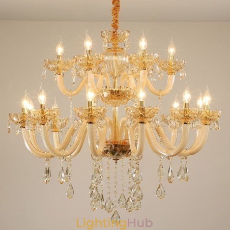 Elegant Crystal Chandelier European Cognac Color Ceiling Light Glass Body Double Layer 12+6 Lights Elegant Crystal Chandelier European Cognac Color Ceiling Light Glass Body Double Layer 12+6 Lights