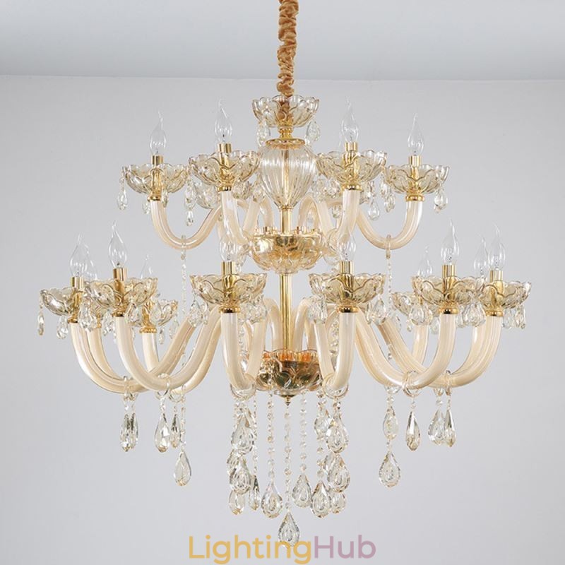 Elegant Crystal Chandelier European Cognac Color Ceiling Light Glass Body Double Layer 12+6 Lights