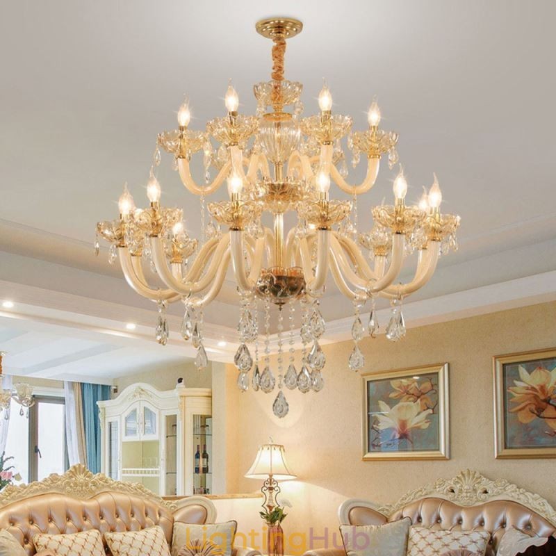 Elegant Crystal Chandelier European Cognac Color Ceiling Light Glass Body Double Layer 12+6 Lights