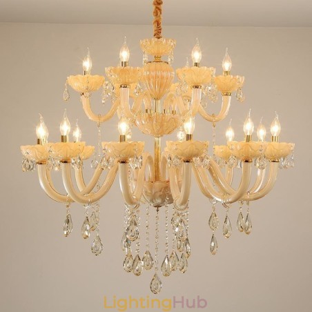 Luxurious Crystal Chandelier European Cognac Color Ceiling Lamp Glass Body Double Layer 12+6 Lights Luxurious Crystal Chandelier European Cognac Color Ceiling Lamp Glass Body Double Layer 12+6 Lights