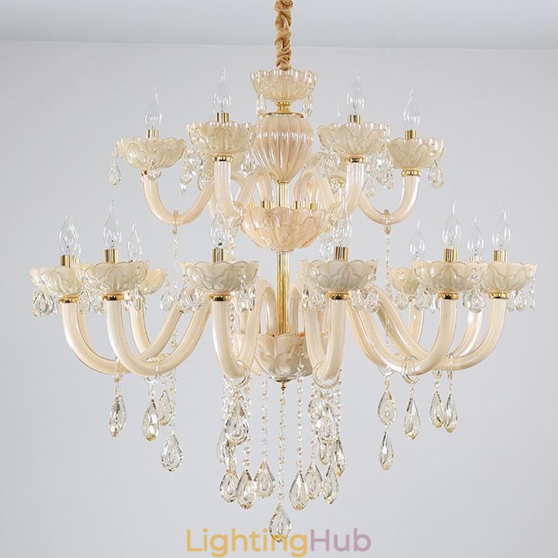 Luxurious Crystal Chandelier European Cognac Color Ceiling Lamp Glass Body Double Layer 12+6 Lights