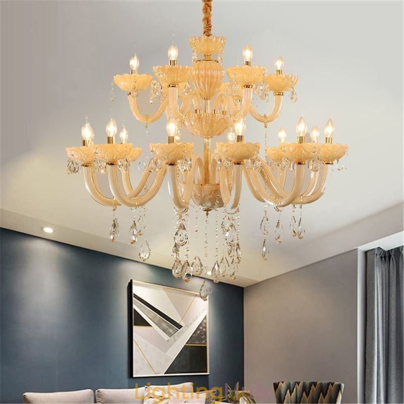 Luxurious Crystal Chandelier European Cognac Color Ceiling Lamp Glass Body Double Layer 12+6 Lights