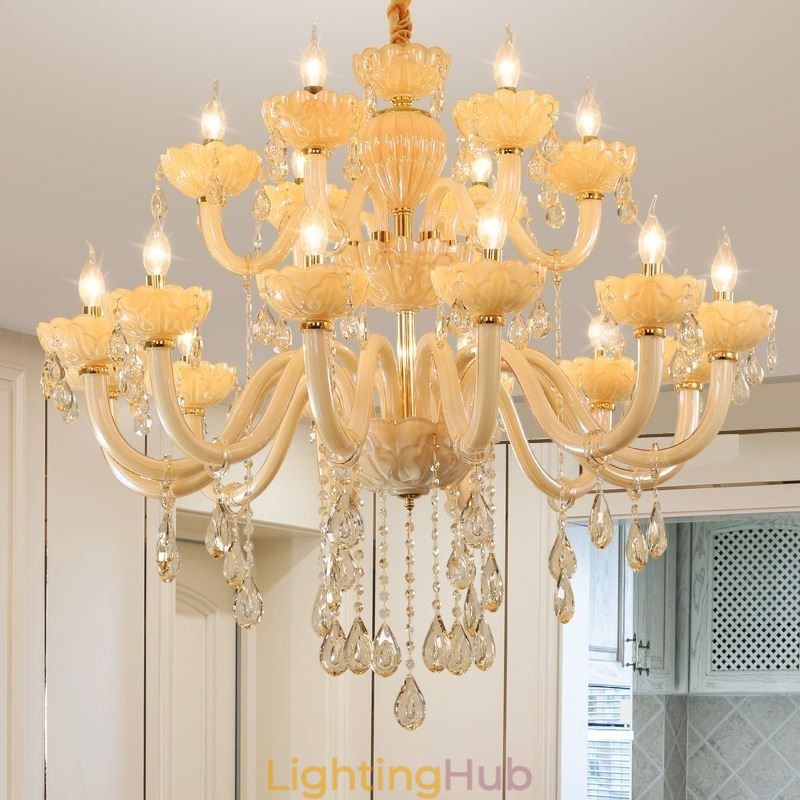 Luxurious Crystal Chandelier European Cognac Color Ceiling Lamp Glass Body Double Layer 12+6 Lights