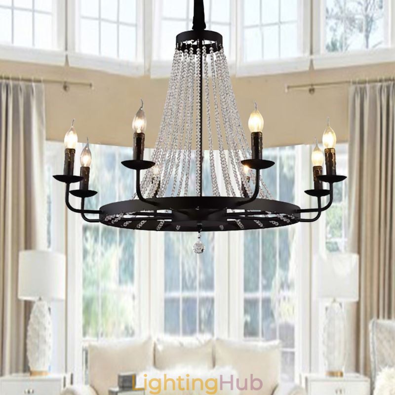 Vintage Crystal Pendant Lighting Black Iron Candle Chandelier