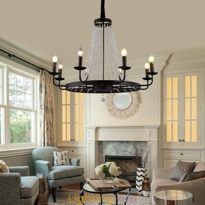 Vintage Crystal Pendant Lighting Black Iron Candle Chandelier