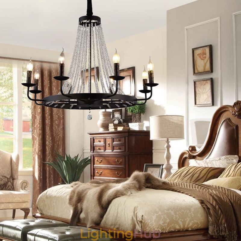 Vintage Crystal Pendant Lighting Black Iron Candle Chandelier